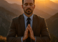 Masculine man meditating at sunrise in the mountains, Enlightenment for Men