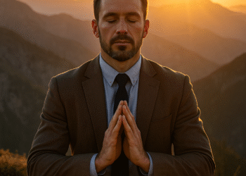Masculine man meditating at sunrise in the mountains, Enlightenment for Men