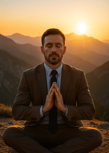 Masculine man meditating at sunrise in the mountains, Enlightenment for Men