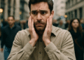 Social anxiety in men standing stressed in public