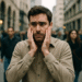 Social anxiety in men standing stressed in public